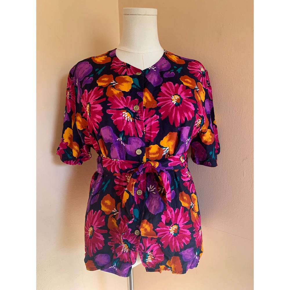 Vintage Chaus Floral Rayon Button Front Belted Blouse Pink Purple Size 10